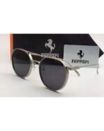 Ferrari Double Bridge Round Silver Metal Frame Black Lens Sunglasses