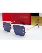 Cartier C Décor Rimless Rectangular Gold Metal Blue Lens Sunglasses