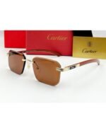 Cartier Rimless Square Gold and Wood Frame Brown Lens Sunglasses