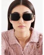 Miu Miu Rimless Square Gold Metal Frame Black Lens Sunglasses