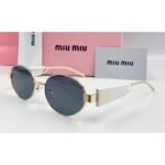 Miu Miu Round Oval Gold Metal and White Frame Grey Lens Sunglasses