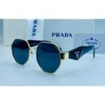 Prada Geometric Hexagonal Gold and Black Frame Dark Blue Lens Sunglasses