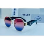 Prada Geometric Gold & Black Metal & Acetate Frame Pink Blue Gradient Lens Sunglasses