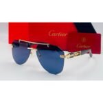 Cartier Rimless Aviator Gold Metal and Black Wood Frame Blue Lens Sunglasses