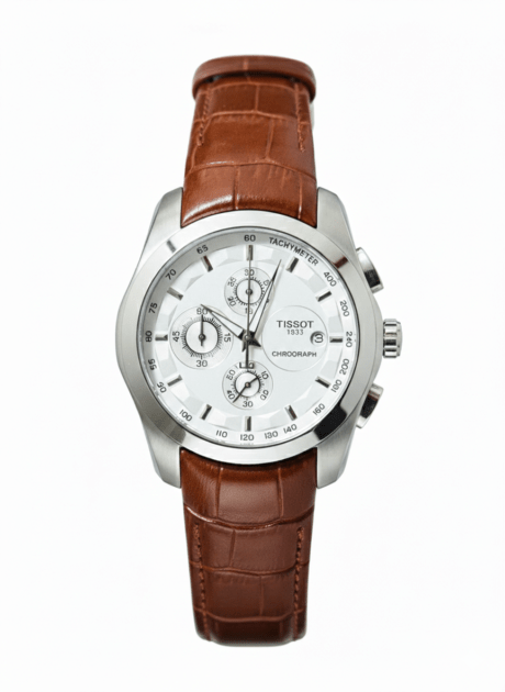 Tissot Silver Dial Chronograph Brown Leather Strap Watch