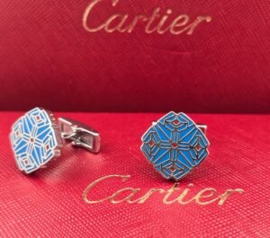 Cartier Blue Geometric Hexagon Cufflinks Silver Tone