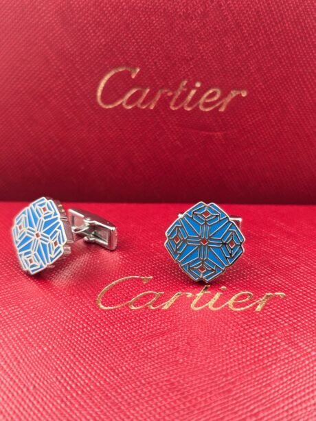 Cartier Blue Geometric Hexagon Cufflinks Silver Tone