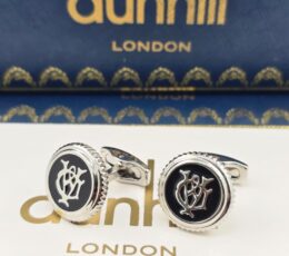 Dunhill Black Enamel Logo Cufflinks – Silver Textured Edge Designer Cufflinks for Men