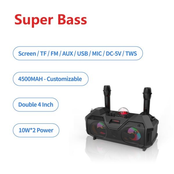 2 Wireless Microphones Bluetooth Party Speaker – High Power Portable Bass System with RGB Lights & Disco Ball - Image 2