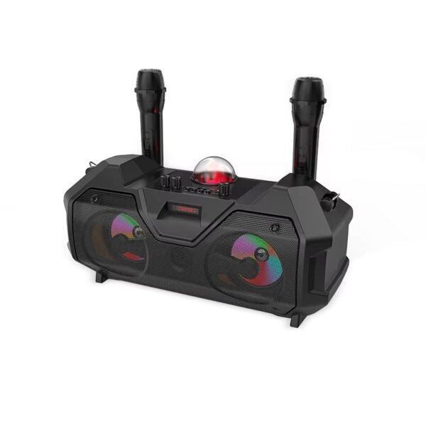 2 Wireless Microphones Bluetooth Party Speaker – High Power Portable Bass System with RGB Lights & Disco Ball - Image 4