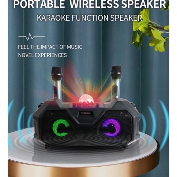 2 Wireless Microphones Bluetooth Party Speaker – High Power Portable Bass System with RGB Lights & Disco Ball - Image 5