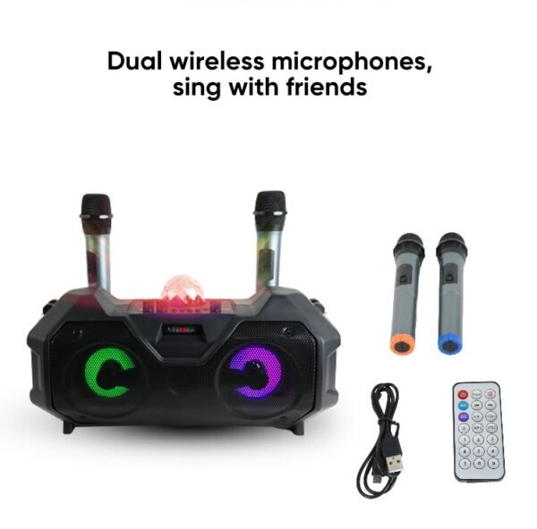 2 Wireless Microphones Bluetooth Party Speaker – High Power Portable Bass System with RGB Lights & Disco Ball - Image 6