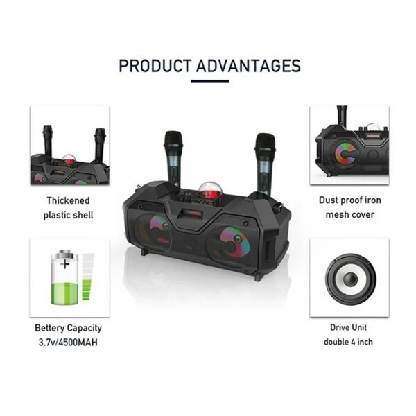 2 Wireless Microphones Bluetooth Party Speaker – High Power Portable Bass System with RGB Lights & Disco Ball - Image 9