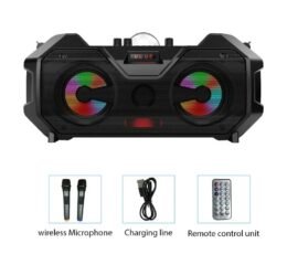 2 Wireless Microphones Bluetooth Party Speaker – High Power Portable Bass System with RGB Lights & Disco Ball