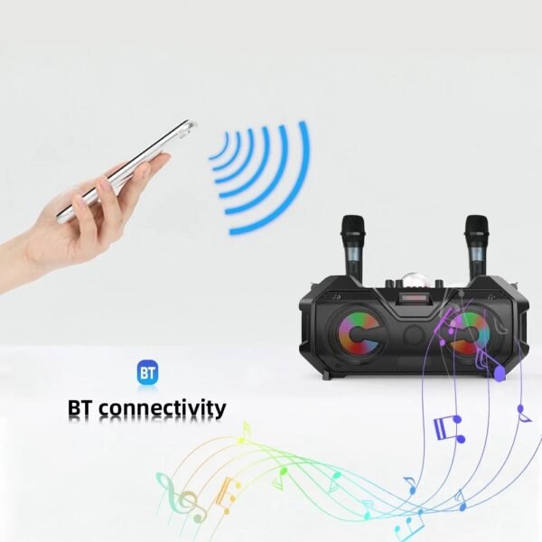 2 Wireless Microphones Bluetooth Party Speaker – High Power Portable Bass System with RGB Lights & Disco Ball - Image 10