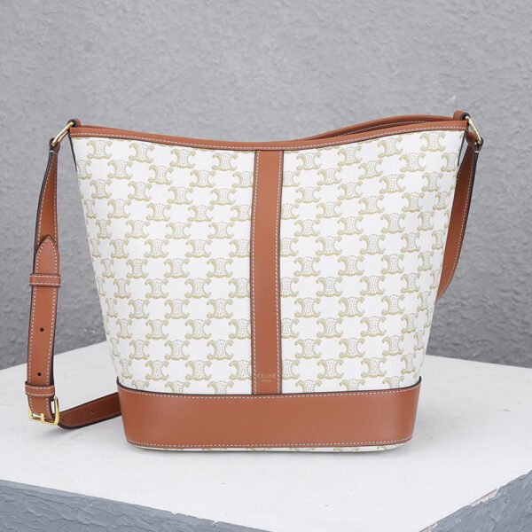 Celine Triomphe Medium White Canvas and Tan Leather Women's Bucket Bag - Image 3