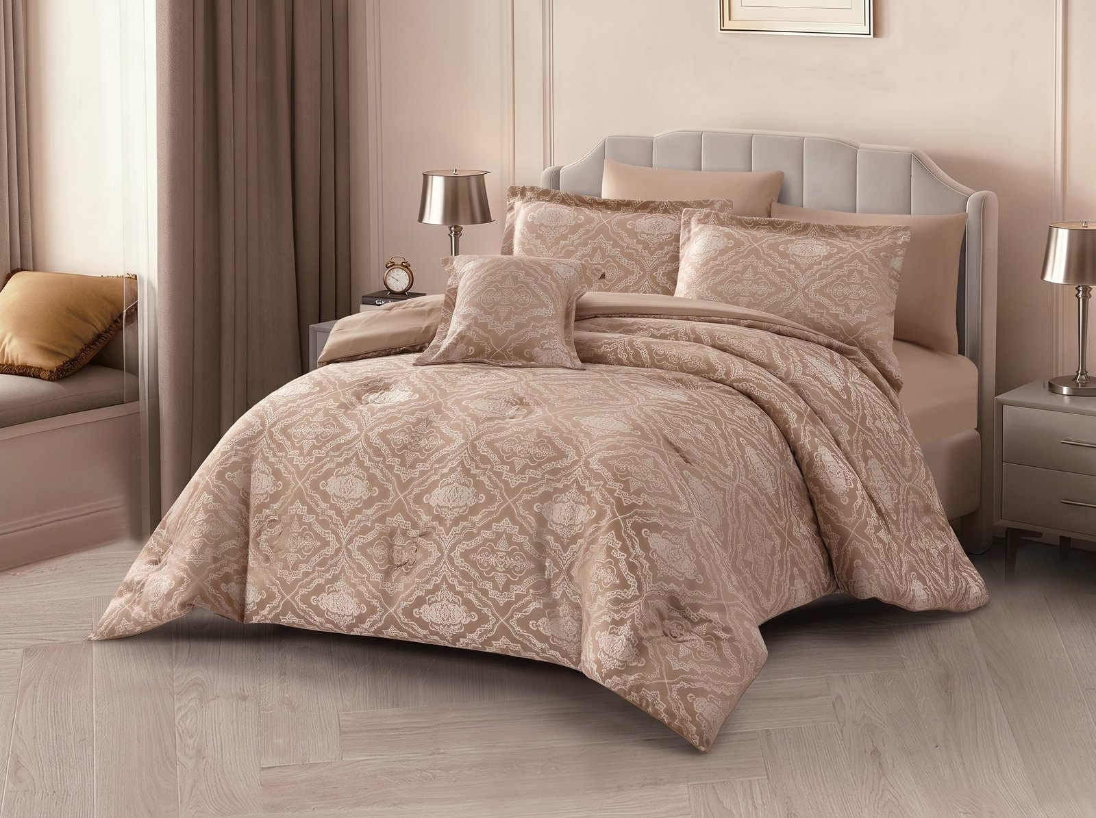 25.jpeg_2K_202608121513.jpeg Luxury Warm Caramel Brown Damask Jacquard Comforter Set - Image 1