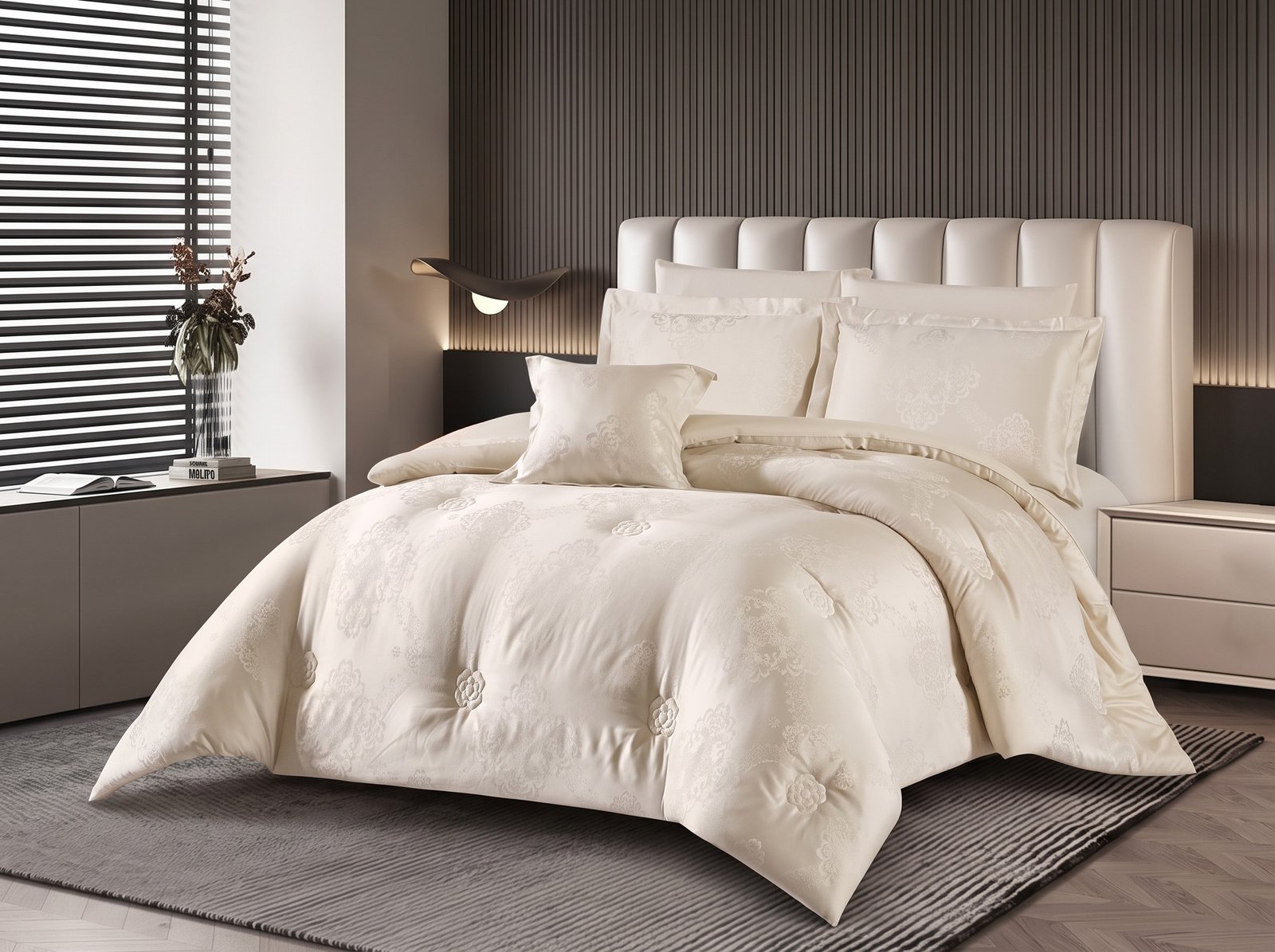 33.jpeg_2K_202608121515.jpeg Luxury Off-White Cream Damask Jacquard Comforter Set - Image 1