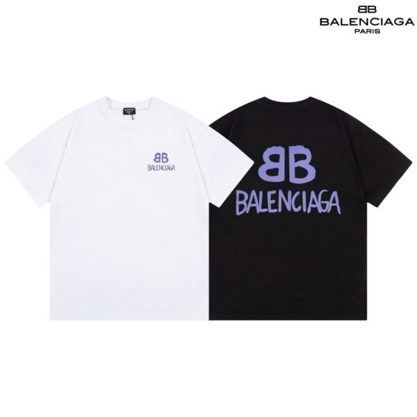 Balenciaga Hand Drawn BB Logo Print Black Purple Cotton Crew Neck T-Shirt - Image 6