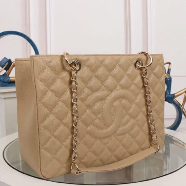 CHANEL Grand Shopping Tote Beige Quilted Caviar Leather Women's Tote Bag - Image 4