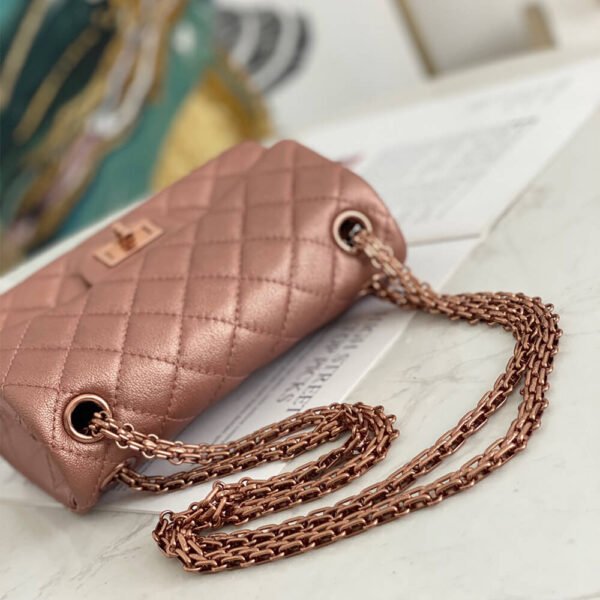 Chanel 2.55 Mini Metallic Rose Gold Quilted Leather Women's Shoulder Handbag - Image 6