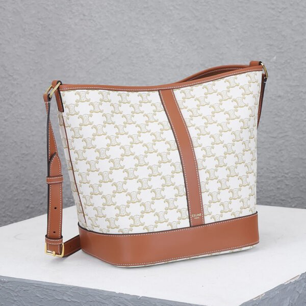 Celine Triomphe Medium White Canvas and Tan Leather Women's Bucket Bag - Image 4