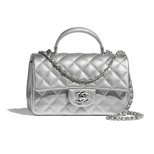 Chanel Mini Flap Bag With Top Handle Metallic Silver Quilted Caviar Leather Women's Shoulder Bag - Image 2