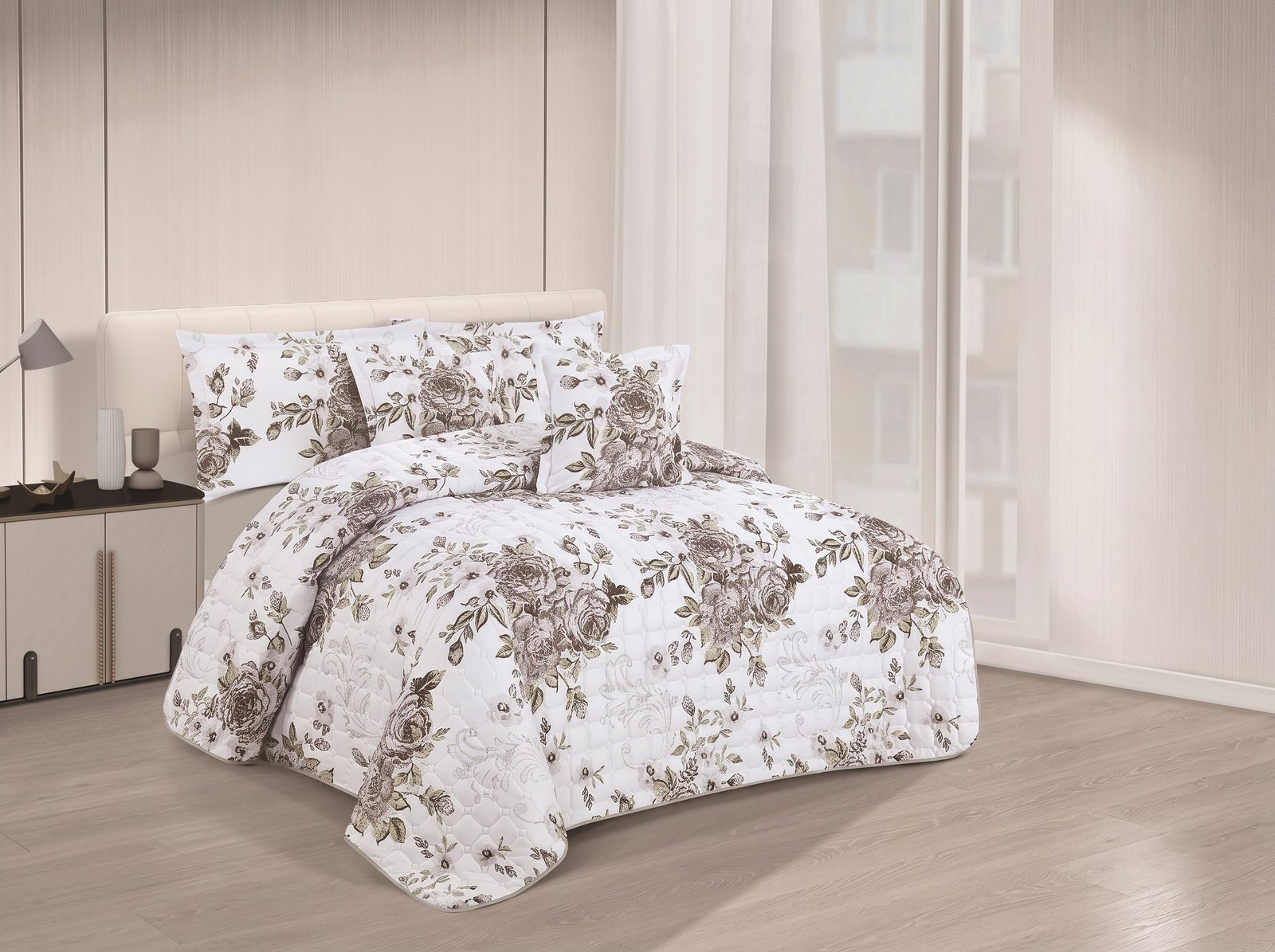 59.jpeg_2K_202608121550.jpeg Classic Neutral Rose Floral Quilted Lightweight Bedspread Comforter Set - Image 1