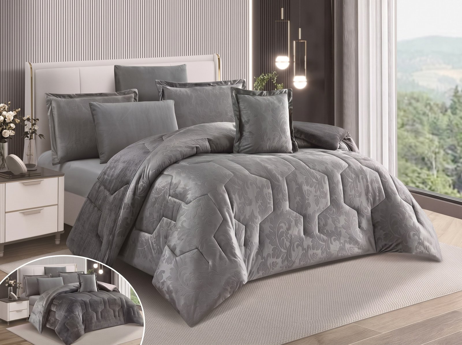 62.jpeg_2K_202608121549.jpeg Luxury Charcoal Grey Embossed Velvet Comforter Bedding Set - Image 1