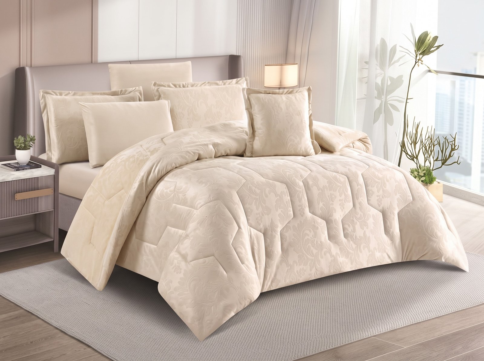 63.jpeg_2K_202608121549.jpeg Luxury Cream Beige Embossed Velvet Comforter Bedding Set - Image 1