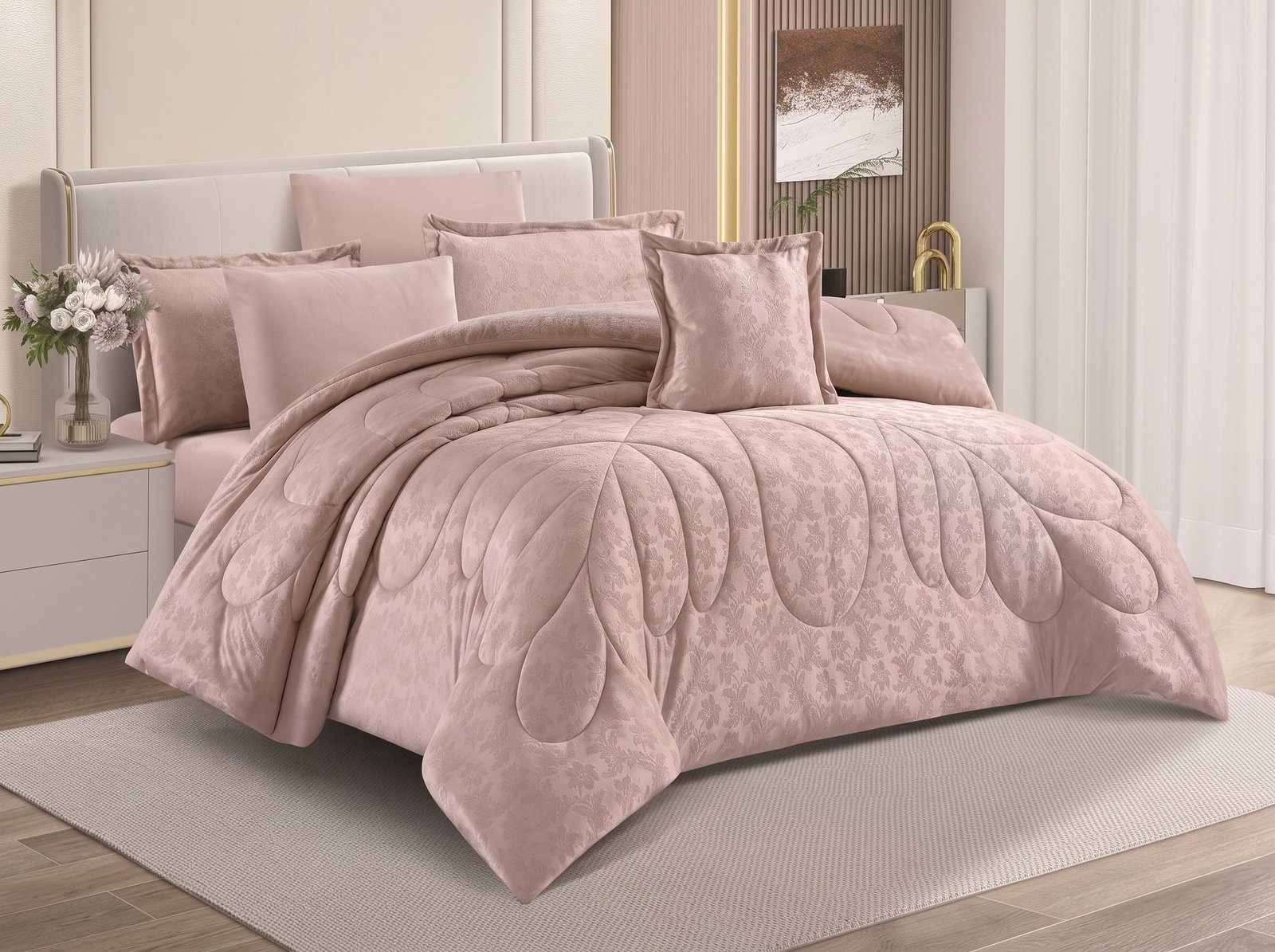 64.jpeg_2K_202608121549.jpeg Luxury Dusty Rose Petal-Quilted Embossed Velvet Comforter Bedding Set - Image 1