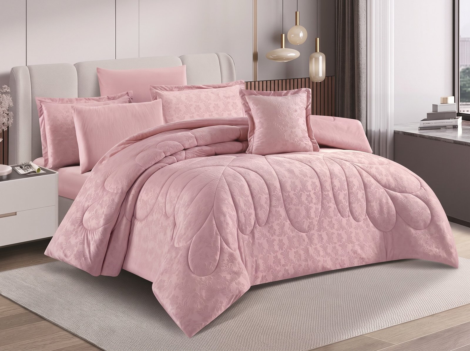 65.jpeg_2K_202608121549.jpeg Luxury Soft Pink Petal-Quilted Embossed Velvet Comforter Bedding Set - Image 1