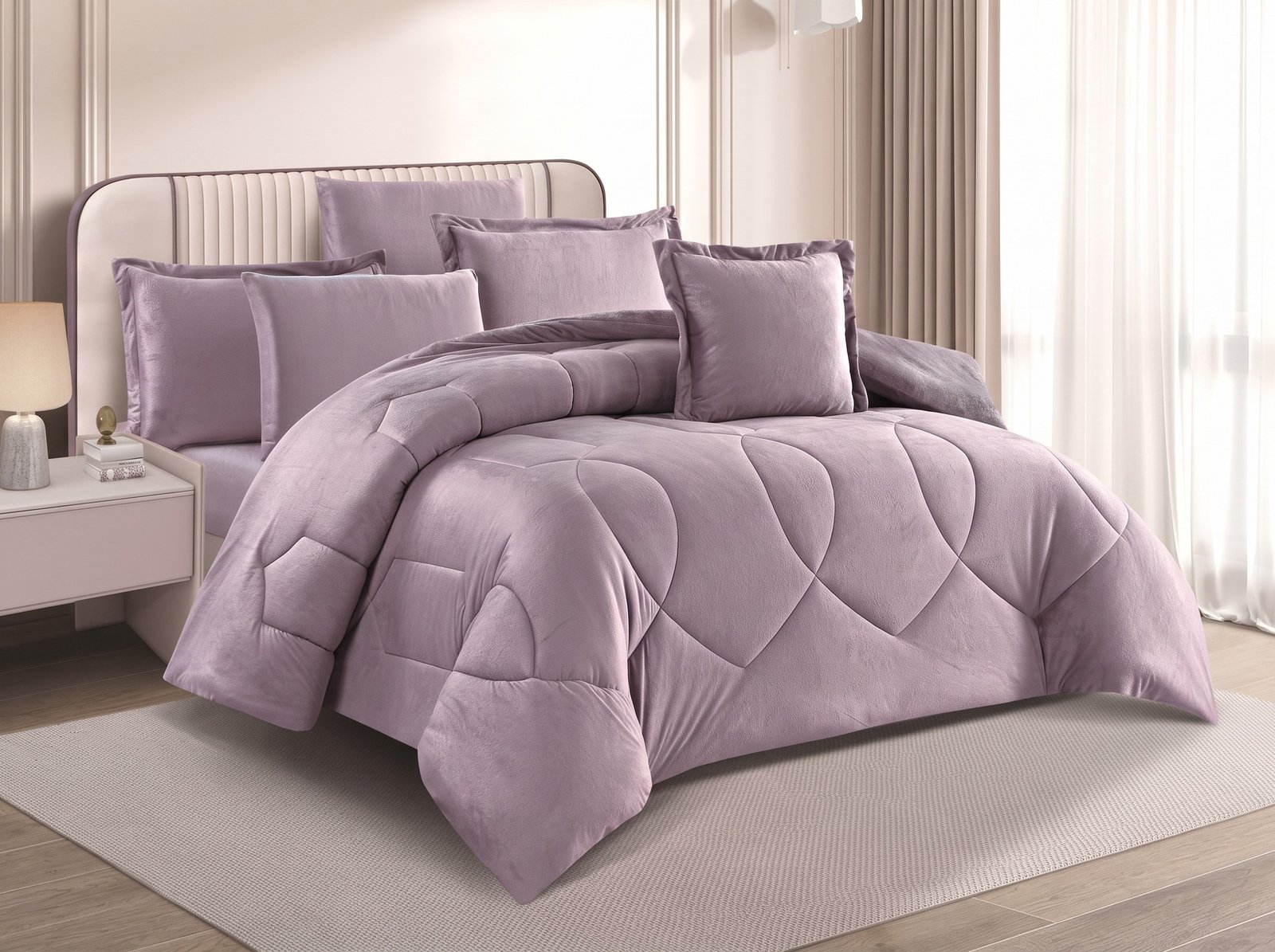 71.jpeg_2K_202608121550.jpeg Luxury Solid Dusty Lilac Petal-Quilted Velvet Comforter Bedding Set - Image 1