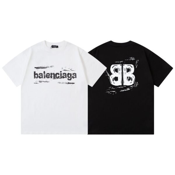 Balenciaga Chalk Logo Print Black Cotton Crew Neck T-Shirt - Image 7