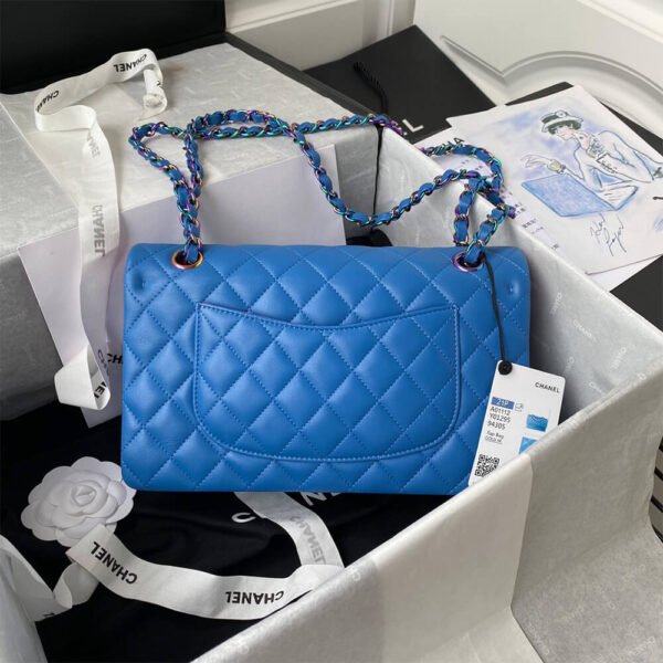 Chanel Classic Flap Blue Quilted Leather Rainbow Hardware Women's Handbag - Image 4