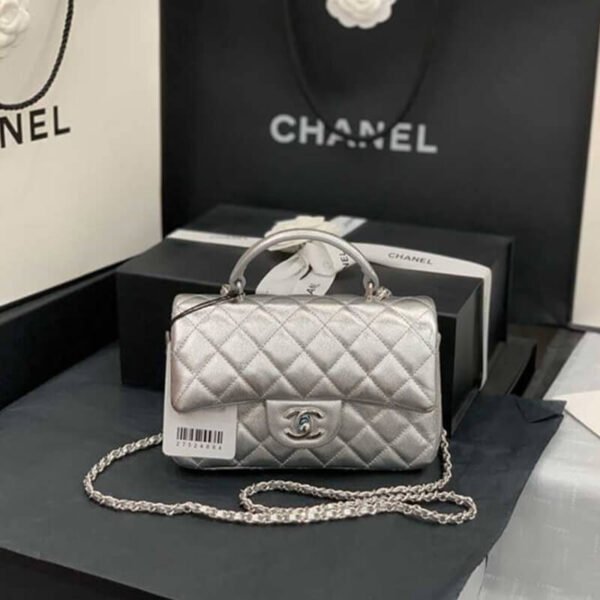 Chanel Mini Flap Bag With Top Handle Metallic Silver Quilted Caviar Leather Women's Shoulder Bag - Image 3
