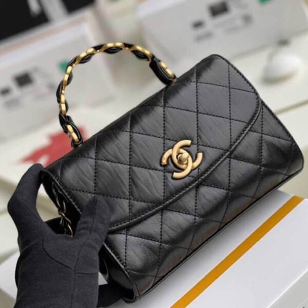 Chanel Mini Quilted Calfskin Leather Top Handle Flap Bag Black Women's Shoulder Bag - Image 4