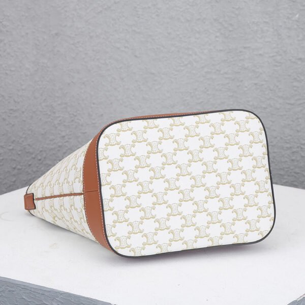 Celine Triomphe Medium White Canvas and Tan Leather Women's Bucket Bag - Image 6