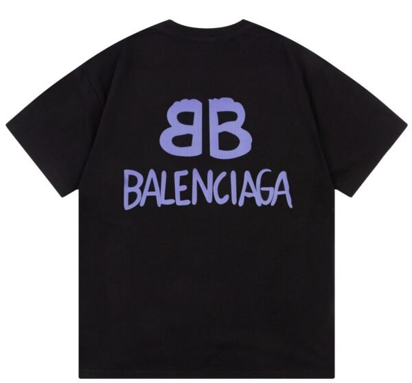 Balenciaga Hand Drawn BB Logo Print Black Purple Cotton Crew Neck T-Shirt - Image 2