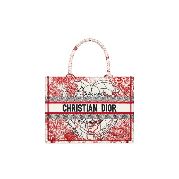 Dior Book Tote Small Dioramour Red and White Embroidered Canvas Women's Tote Bag - Image 2