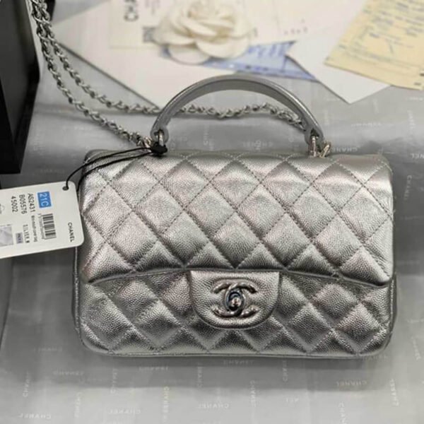Chanel Mini Flap Bag With Top Handle Metallic Silver Quilted Caviar Leather Women's Shoulder Bag - Image 4