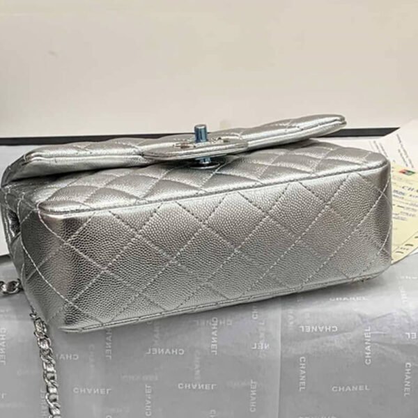 Chanel Mini Flap Bag With Top Handle Metallic Silver Quilted Caviar Leather Women's Shoulder Bag - Image 7
