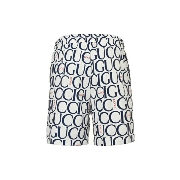 Gucci All-Over Logo Print White and Navy Drawstring Swim Shorts - Image 5