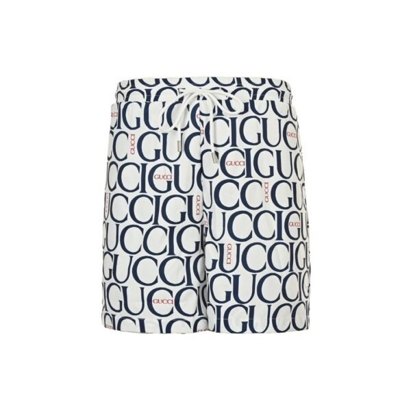 Gucci All-Over Logo Print White and Navy Drawstring Swim Shorts - Image 2