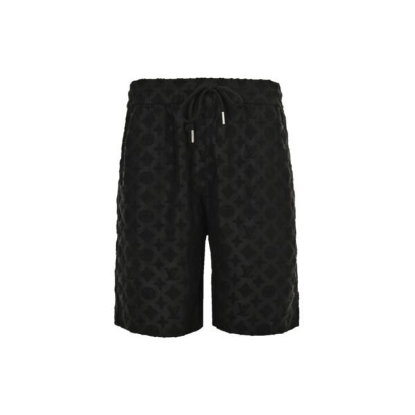 Black designer shorts with subtle pattern and drawstring waist.