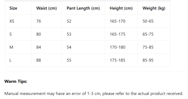 Size chart for men's casual pants with waist, length, height, and weight details.