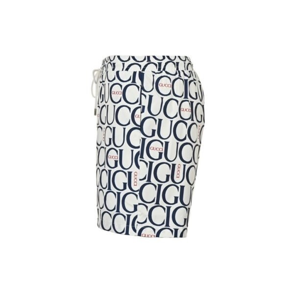 Gucci All-Over Logo Print White and Navy Drawstring Swim Shorts - Image 4