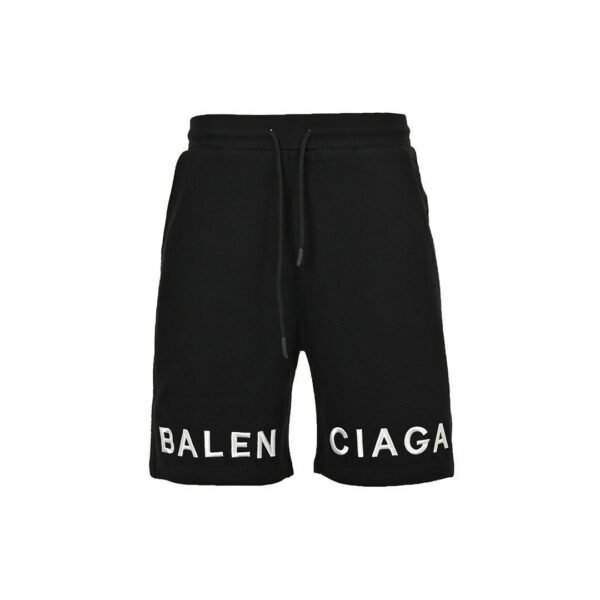 Balenciaga Split Logo Embroidered Black Cotton Drawstring Sweat Shorts - Image 2