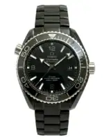 Omega Black Planet Ocean luxury watch with black dial and bracelet.