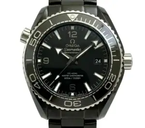 Omega Black Planet Ocean luxury watch with black dial and bracelet.